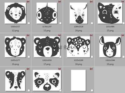 黑白线稿卡通动物猫狗鹿大象熊斑马头像PSD AI PNG设计素材png342