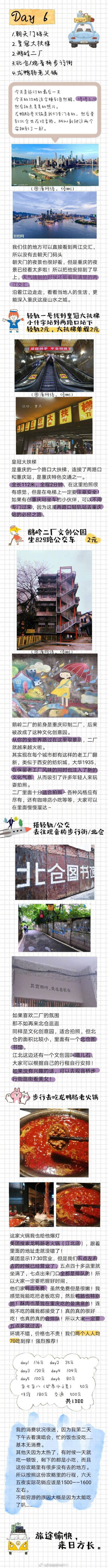 ［成都&重庆/六天五晚
双城攻略］
自己出去玩花了1300
攻略里加了一些我自己没有去的地方
所以按照攻略玩下来的花销应该在1500左右
p1住宿 交通 出行前必看
p2-p4成都三日游
p6-p8重庆…