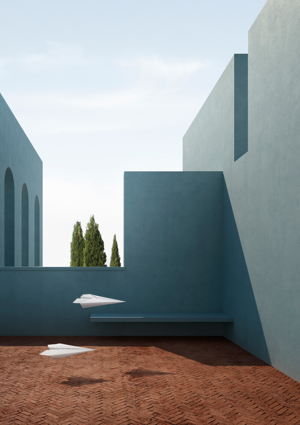 ( N o n ) G r a v i t à : (non) gravitàAmbientazioni architettoniche lineari e semplici, ispirate ad edifici come la “Casa-Studio” di Luis Barragan e la “Muralla Roja” di Ricardo Bofill, fanno da sfondo a momenti di (non) gravità. I colori e le ombre natu