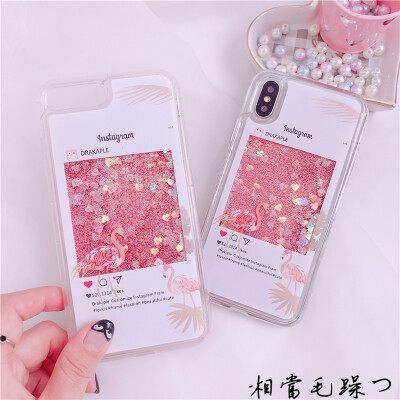 ins超火流沙爱心火烈鸟iPhone8plus手机壳7P全包6S软套苹果x女款