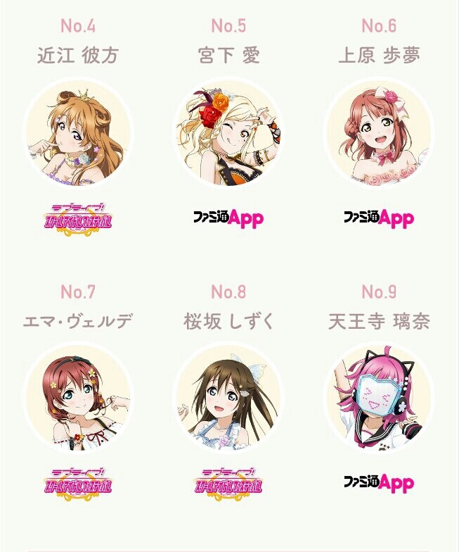 LoveLive虹之咲学园偶像
朝香果林 优木雪莱 天王寺璃奈 中须霞
樱坂雫 近江彼方 宫下爱 艾斯维尔德 上原步夢