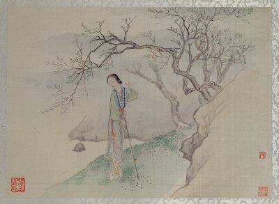 费丹旭十二金钗图册：人物为典型的晚清仕女画形象，符合当时的审美时尚，鸭蛋脸，柳叶眉，鼻若悬胆，口似樱桃，以朱红点唇。。图中部分人物的面容、衣裙有斑驳的黑污色，是因为作者所使用的白粉内含有金属成份，在氧化作用下出现返铅的结果。