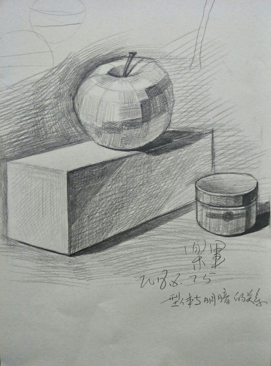 乐军素描石膏教学图解第一章第二层内容
《型体透视与明暗的关系》
《长方体，苹果，水粉盒写生》