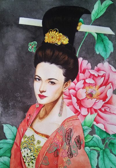 水彩人物妖猫传杨玉环