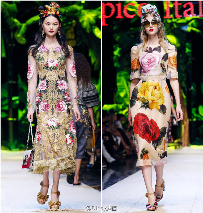 Dolce & Gabbana S/S 2017｜依然花到不行热闹到不行的DG家本季主题“Tropico Italiano”，围绕着经典元素经典款式和永恒的西西里海岛，把花果鱼虾意面酒水冰淇淋全部搬上了身～ps：意大利政府应该给设计师嘉奖，这季复一季绝对的旅游推广大使！ ​​​​