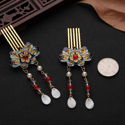 景泰蓝汉服配饰步摇古装头饰流苏新娘发夹烧蓝晋魏风发饰发梳插梳