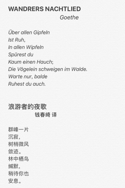 浪游者的夜歌
Goethe
钱春绮 译
群峰一片
沉寂，
树梢微风
敛迹。
林中栖鸟
缄默，
稍待你也
安息。