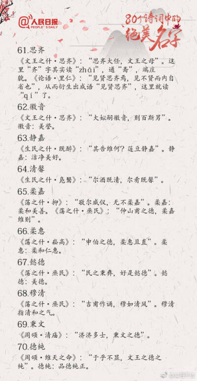 【新手爸妈必存80个源自诗词的绝美名字】俗话说 人如其名 好的名字陪伴人的一生 还为名字重复率高而担忧 哪些名字朗朗上口又拥有美好寓意 80个诗词中的绝美名字↓↓转发 收藏