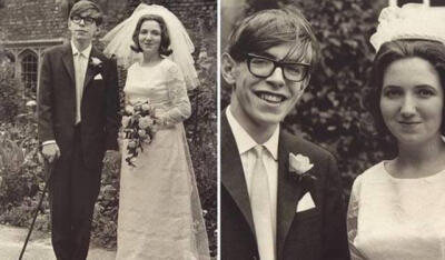 1965年，23岁的霍金，
与女友Jane Wilde完婚，
那时，他还能站立，
那天，他笑得很开心。