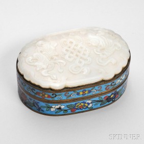 Hardstone Plaque on Cloisonne Covered Box China, 20th century，成交价： 1,845 USD （含买家佣金），Skinner2016年亚洲艺术品春季拍卖会