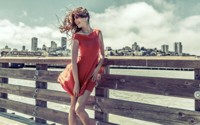 People 1920x1200 women dress red dress brunette windy city cityscape legs smiling