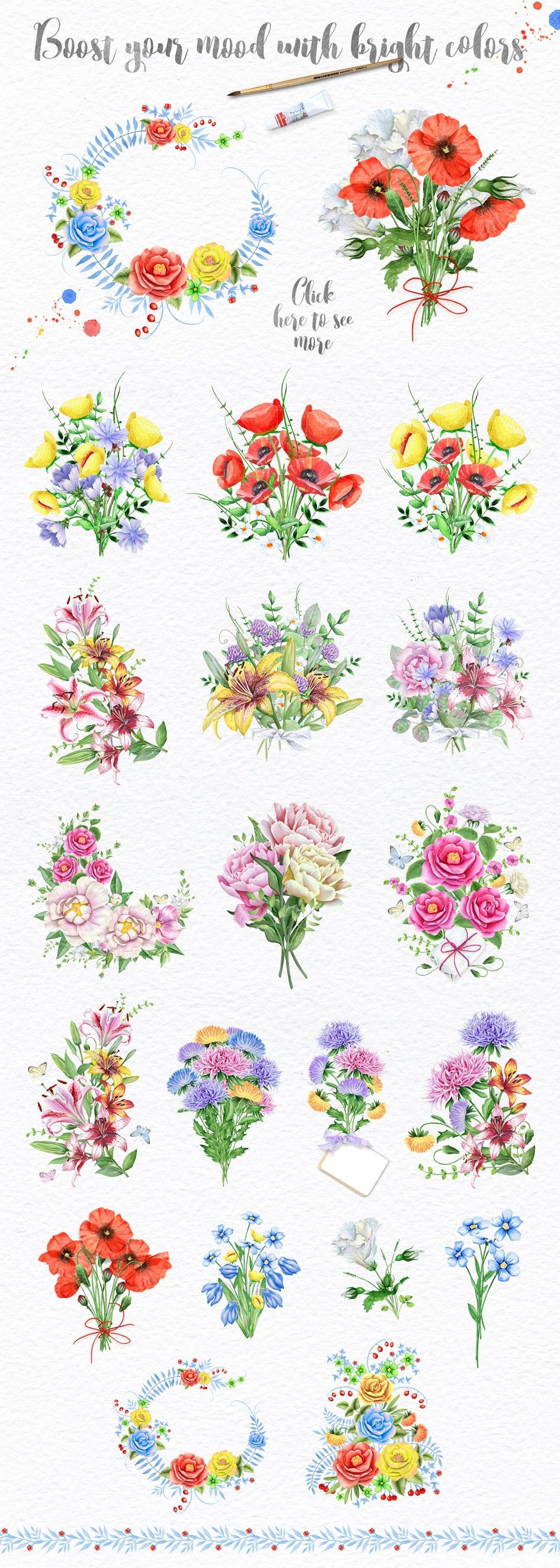 手账 水彩 植物绘画 花环 花束 平面设计 贴纸素材