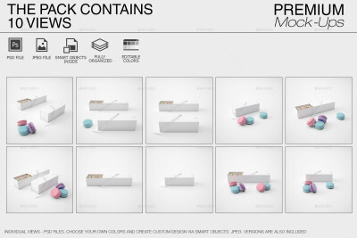 法式零食马克龙饼干下午茶甜点 VI智能贴图提案Mockup样机PSD模板
法国马卡龙和礼品盒样机包
这款法国马卡龙礼盒套装可让您快速将设计和布局展示到数码照片真实展示中。