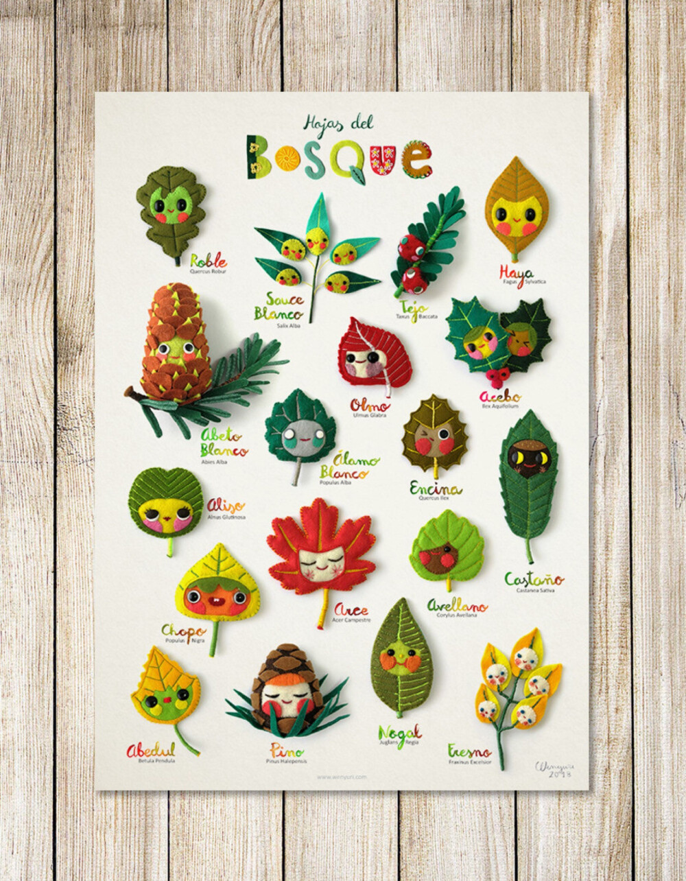  西班牙插画师 Wenyuri 植物主题手工海报：先设计出各种树叶娃娃，把它们做成不织布手工