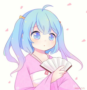 琴女/英雄联盟/LOL/动漫/漫画/琴瑟仙女/双马尾/蓝头发/和服/小清新/q版/扇子/樱花/渐变/紫/板绘/sai/绘画/同人图/可爱/萌系/透明感/蓝眼睛/呆毛/by SHXoyrt九九