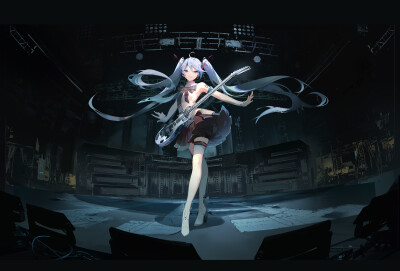 yande.re 477992 guitar hatsune_miku headphones heels red_flowers skirt_lift tattoo thighhighs vocaloid