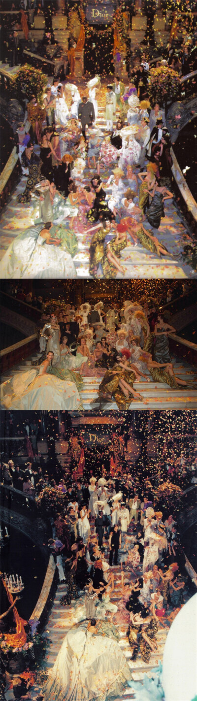 20年前的Dior秀场美到我昏迷。中间的几张大幅全景图看得我呼吸一窒，这是什么纸醉金迷的油画名场面感，质感色彩都让人目眩。 ​​​​