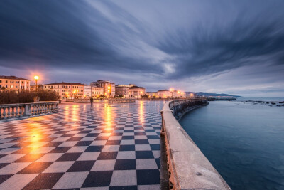 General 1920x1281 cityscape architecture town squares Europe Italy Livorno terraces checkered sea evening lights rock long exposure reflection