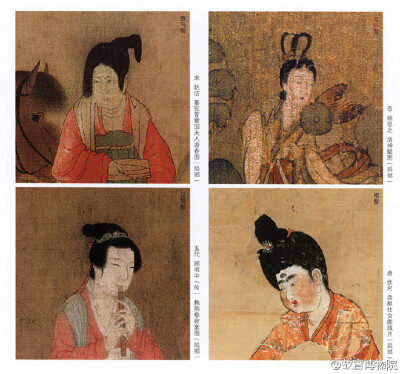 古代仕女们很重视发型的美观，可以衬托美貌，还能体现身份与年龄。常见的有双环髻，把头发正中分成两股髻鬟做成上竖的环式；螺髻，其梳法是将头发分股绕盘，拢集堆叠于头顶；坠马髻，将头发拢结于头顶或头后的一侧，…