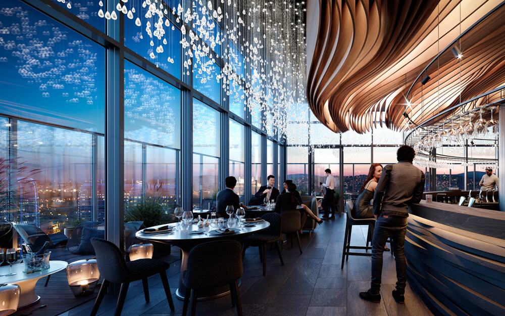 NIVY Restaurant : Digital visualizations of High-Rise (29th floor) Restaurant concept. Interior design and Art direction done in-house to promote attractivity of the space