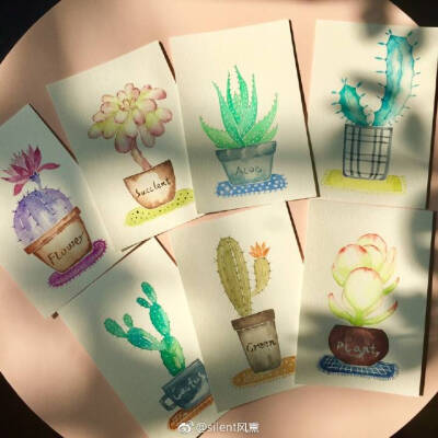 最爱cactus! 水彩工具：温莎牛顿明信片水彩纸、史明克颜料
（作者：silent风熏） ​