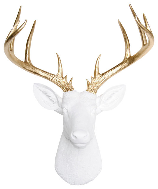 Wall Mount Faux Stag Head, White and Gold contemporary-wall-sculptures