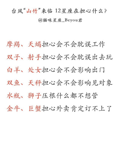 台风“山竹”来临，12星座都在担心什么？金牛、巨蟹再吃不到外卖的话，怕是会把山竹给吃了。 ​