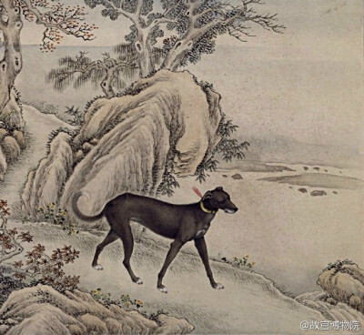 【艾启蒙十骏犬图册】图册共10开，所绘为宫中豢养的欧洲纯种猎犬画像。作者以西方的素描技法，一丝不苟地刻画出猎犬健美的体态和皮毛的质感。而图中的衬景山水则是由中国画家创作的，中西画家携手创作是乾隆朝宫廷绘…