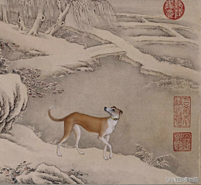 【艾启蒙十骏犬图册】图册共10开，所绘为宫中豢养的欧洲纯种猎犬画像。作者以西方的素描技法，一丝不苟地刻画出猎犬健美的体态和皮毛的质感。而图中的衬景山水则是由中国画家创作的，中西画家携手创作是乾隆朝宫廷绘…