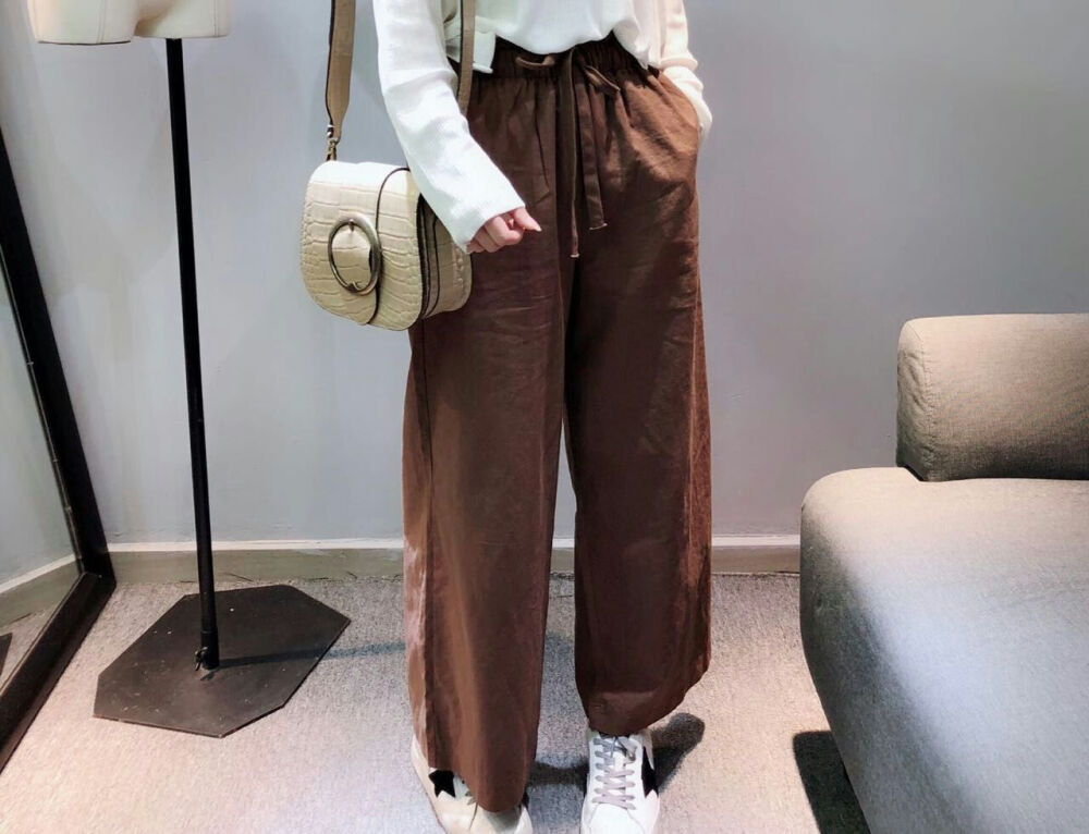 抽绳麻阔腿裤BI