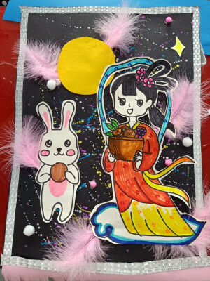 儿童画  线描 中秋节