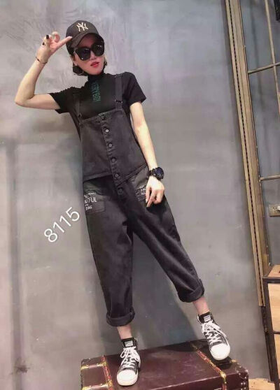 字母口袋牛仔背带裤AI