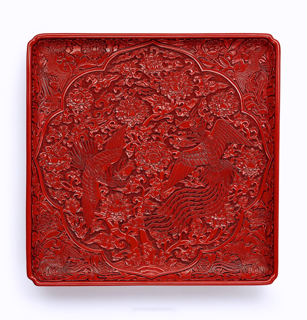  | 明宣德 剔红穿花双凤纹倭角方盘