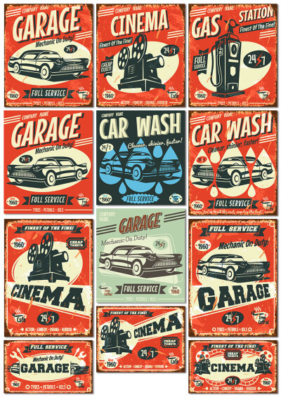 复古美式汽车老爷车电影院插画上世纪时代广告海报素材模板设计