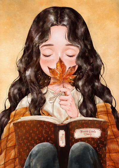 偶然发现书中珍藏的红叶，意外重逢的某个秋天，一片快乐日子里的回忆 ~ 来自韩国插画家Aeppol 的「森林女孩日记-2018」系列插画。