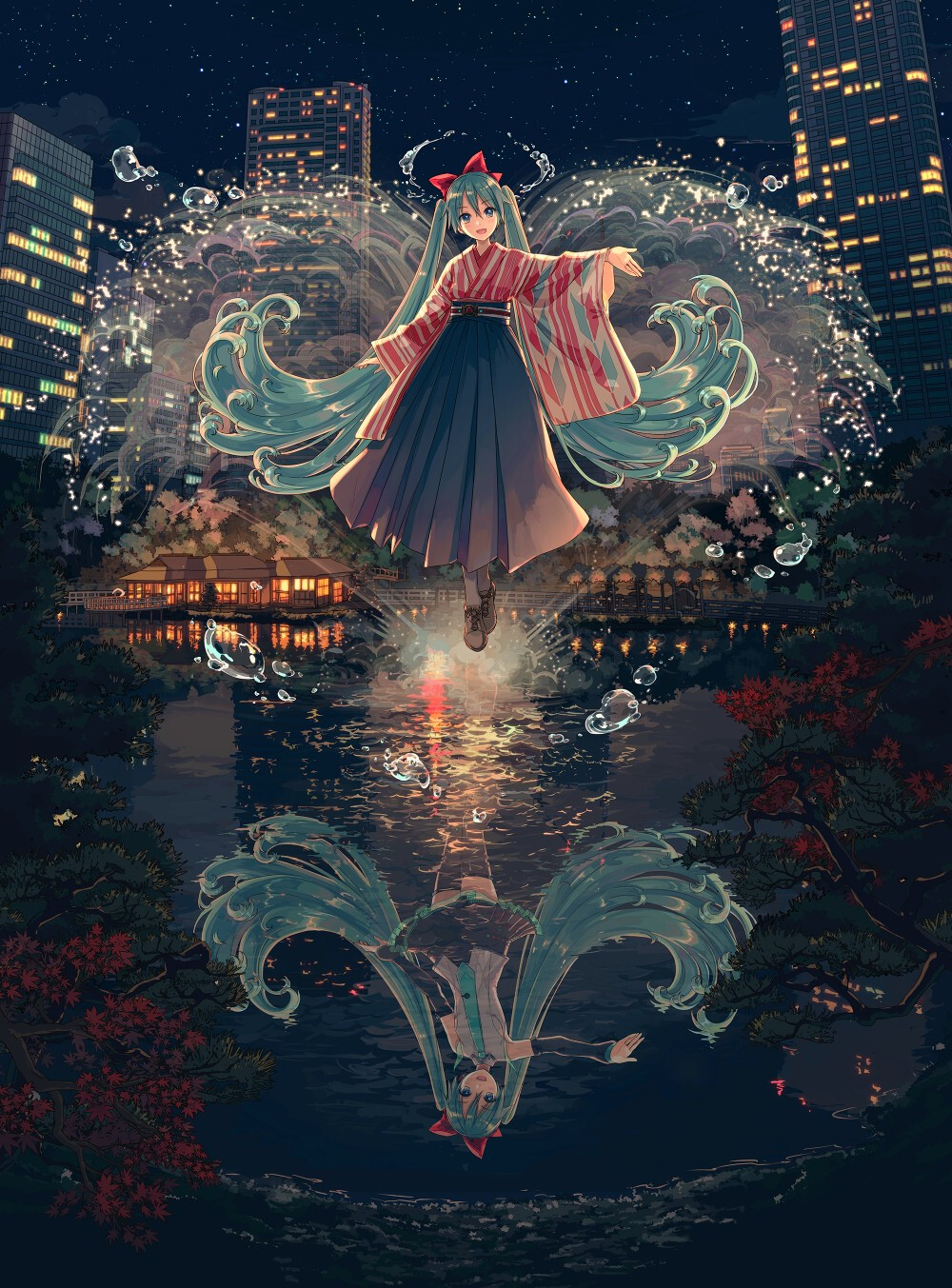 初音未来，初音，倒影，双生，中国风，和风