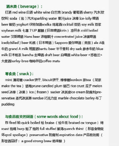 【几乎所有食物的英文翻译】包括水果类、肉类、蔬菜类、海鲜类、主食类、干果类、酒水类、零食类、饭类、面类、汤类、中西餐等的常用英语词汇，建议收藏！注意有一个问题，美式英语里豆浆一般称作Soy milk ​