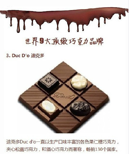 【世界九大顶级巧克力，你尝过哪几种？】1、Toblerone 瑞士三角巧克力；2、BARRY CALLEBAUT 百乐 &amp; 嘉利宝；3、Duc D'o 迪克多；4、Guylian 吉利莲；5、Caffarel 口福莱；6、Godiva 高迪瓦；7、Lindt 瑞士莲；8、La Maison du Chocolate；9、Bacio Perugina 吻。 ​