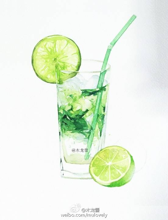 水彩夏天手绘来降温啦薄荷叶配青柠水，酸酸小清新