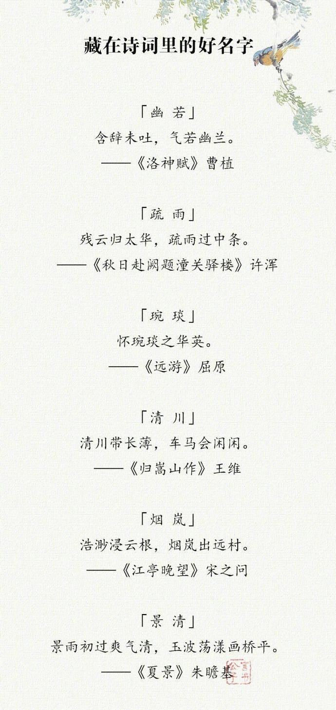 藏在诗词里的好名字，美不胜收。 ​​​​
cr：@经典丶古诗词