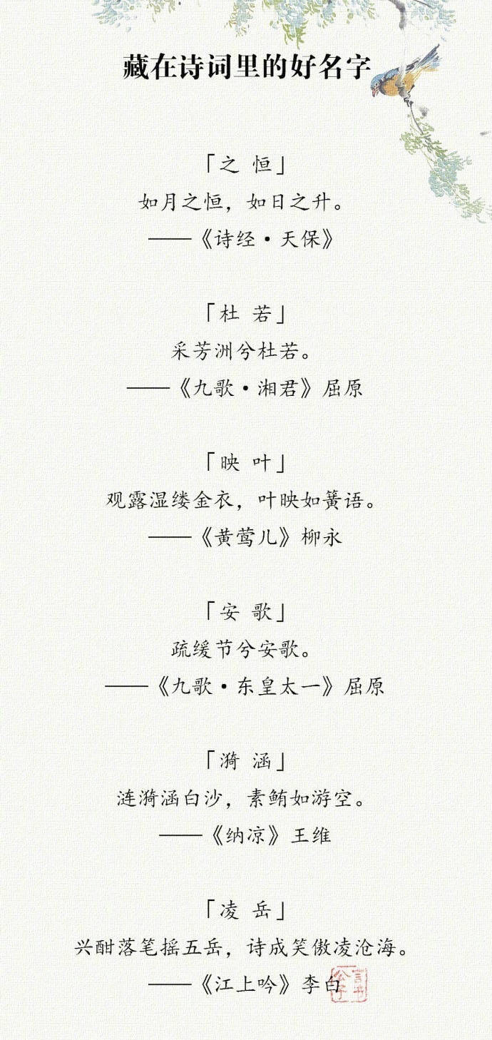 藏在诗词里的好名字，美不胜收。 ​​​​
cr：@经典丶古诗词