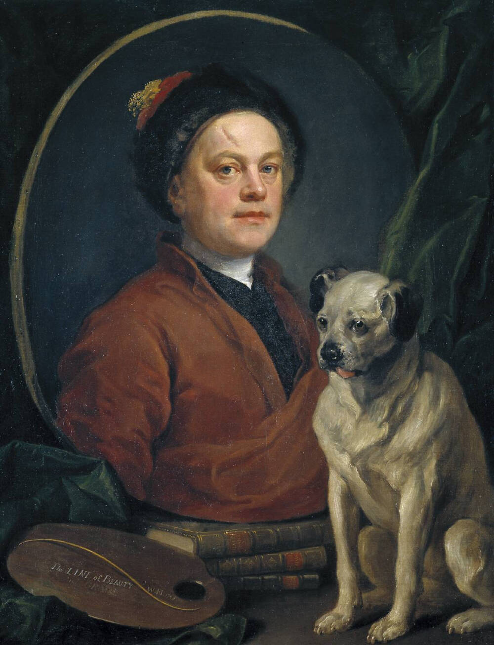 William Hogarth - The Painter and His Pug (1745)
https://en.wikipedia.org/wiki/William_Hogarth#/media/File:The_Painter_and_His_Pug_by_William_Hogarth.jpg