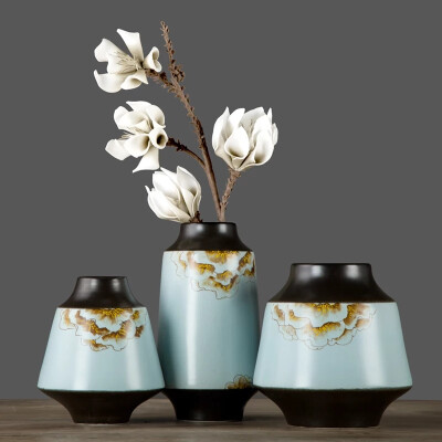 现代新中式陶瓷花瓶三件套禅意摆件景德镇陶瓷器创意客厅玄关摆设