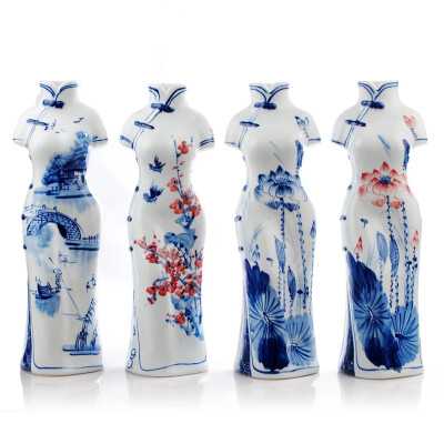景德镇陶瓷器 手绘青花旗袍女国粹花瓶 创意家居装饰工艺品摆件