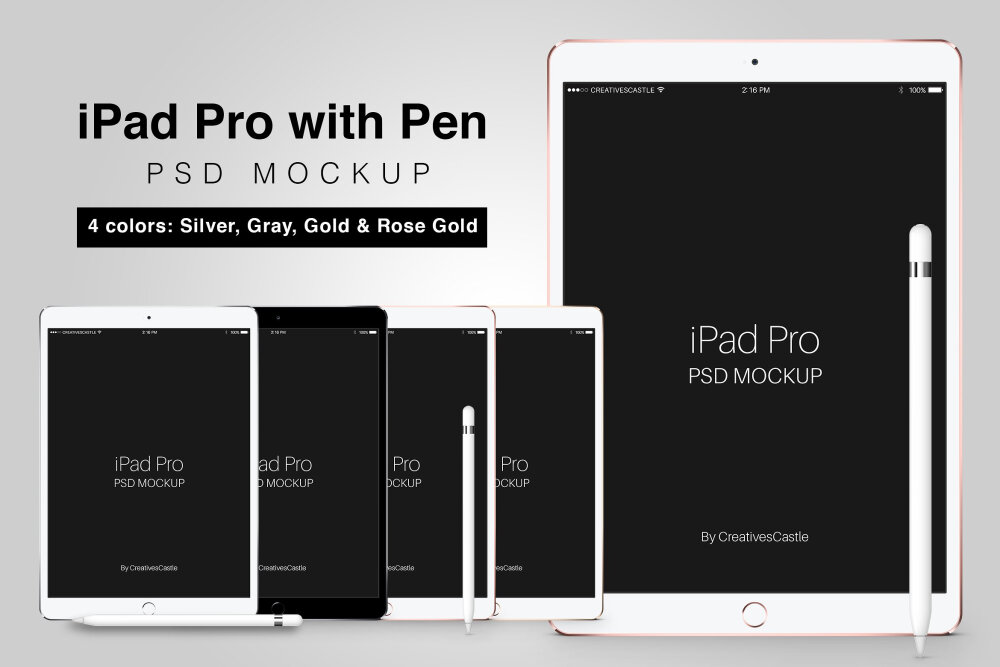 iPad Pro及触控笔Apple Pencil 智能贴图Mockup样机PSD模板下载
使用这款超棒的iPad Pro PSD模型呈现它们，让您的UI设计脱颖而出。
易于使用：所有模型都配有智能对象，可以非常轻松地添加/编辑使用过的设计，而无需担心透视，灯光和阴影效果。