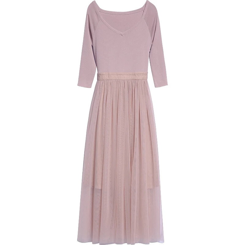 秋装女2018新款V领针织网纱拼接连衣裙中长款蝴蝶结长袖打底裙春