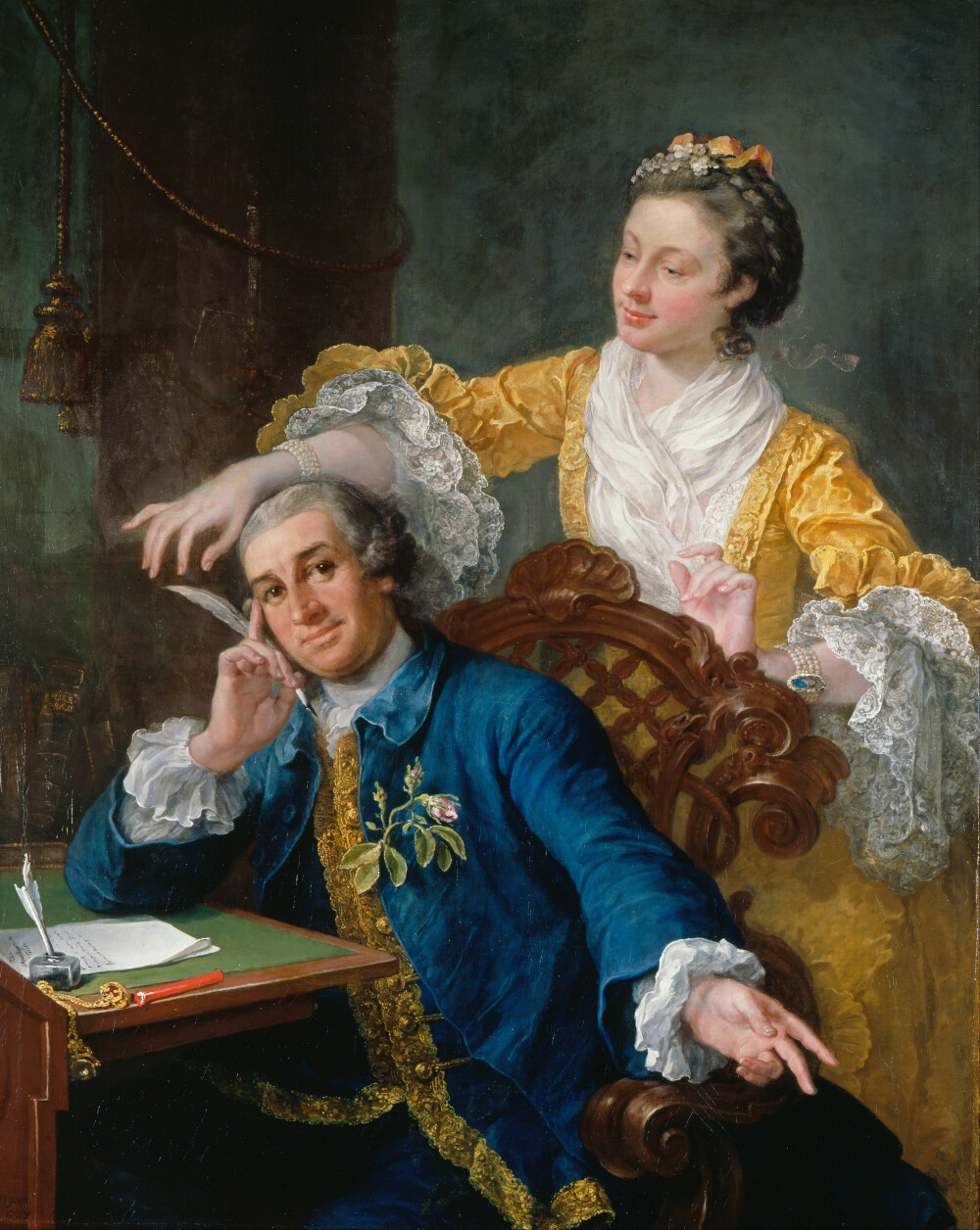 William Hogarth - Eva Marie Veigel and husband David Garrick (1757 - 1764)
https://en.wikipedia.org/wiki/William_Hogarth#/media/File:William_Hogarth_-_David_Garrick_(1717-79)_with_his_wife_Eva-Maria_Veigel,_%22La_Violette%22_or_%22Violetti%22_(1725_-_1822)_-_Google_Art_Project.jpg