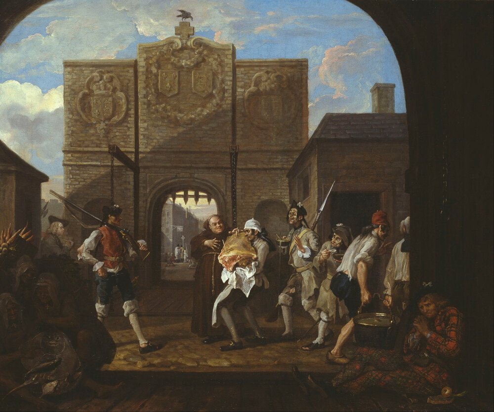 William Hogarth - O the Roast Beef of Old England ('The Gate of Calais')(1748)
https://en.wikipedia.org/wiki/William_Hogarth#/media/File:William_Hogarth_-_O_the_Roast_Beef_of_Old_England_(%27The_Gate_of_Calais%27)_-_Google_Art_Project.jpg