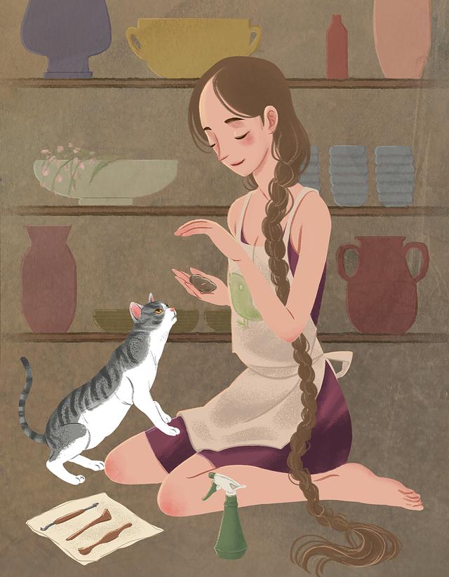 少女 猫咪 插画 JJ