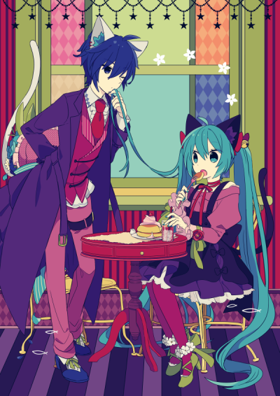 【白猫と黒猫】 by：由杞 id=3855667779 pixiv，插画，音乐，VOCALOID， miku，kaito